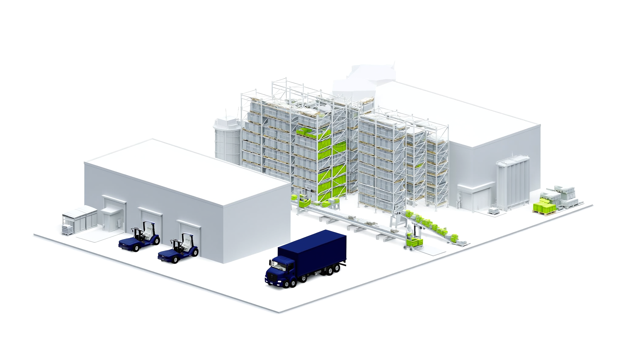 Das DepotGest Lager als 3D-Modell mit Zonen, Regalreihen und Packstation